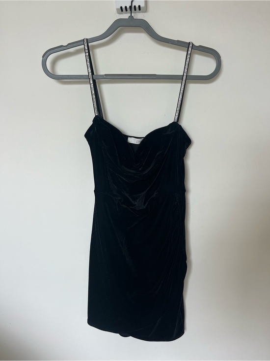 Dresses & Skirts - Women's Black Velvet Cowl Neck Mini Dress with Embellished Straps